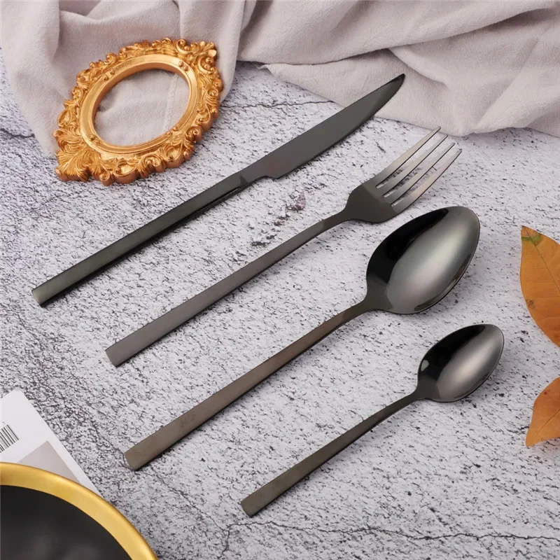 

Cutlery Wedding Dinnerware Kitchen Steel Spoons Tableware Black 24pcs Set Forks Luxury Stainless Mirror Knives