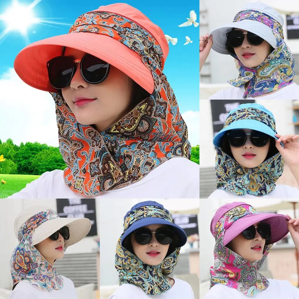 

1Pcs Fashion Women Summer Outdoor Riding Anti-UV Sun Hat Beach Foldable Sunscreen Floral Print Caps Neck Face Wide Brim Hat