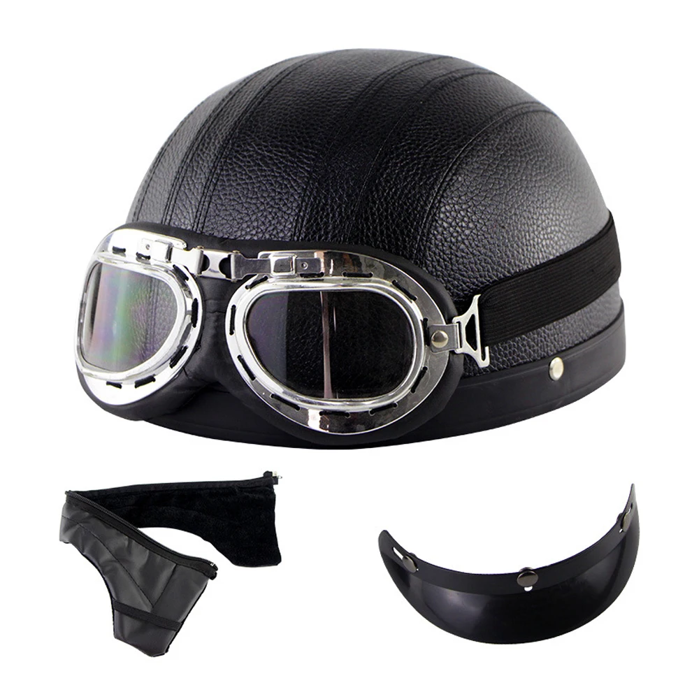 

1PCS Motorcycle Vintage Helmet With Goggles Kit ABS Black Color 9.8*6.3in Motorcycle Universal Retro Helmet