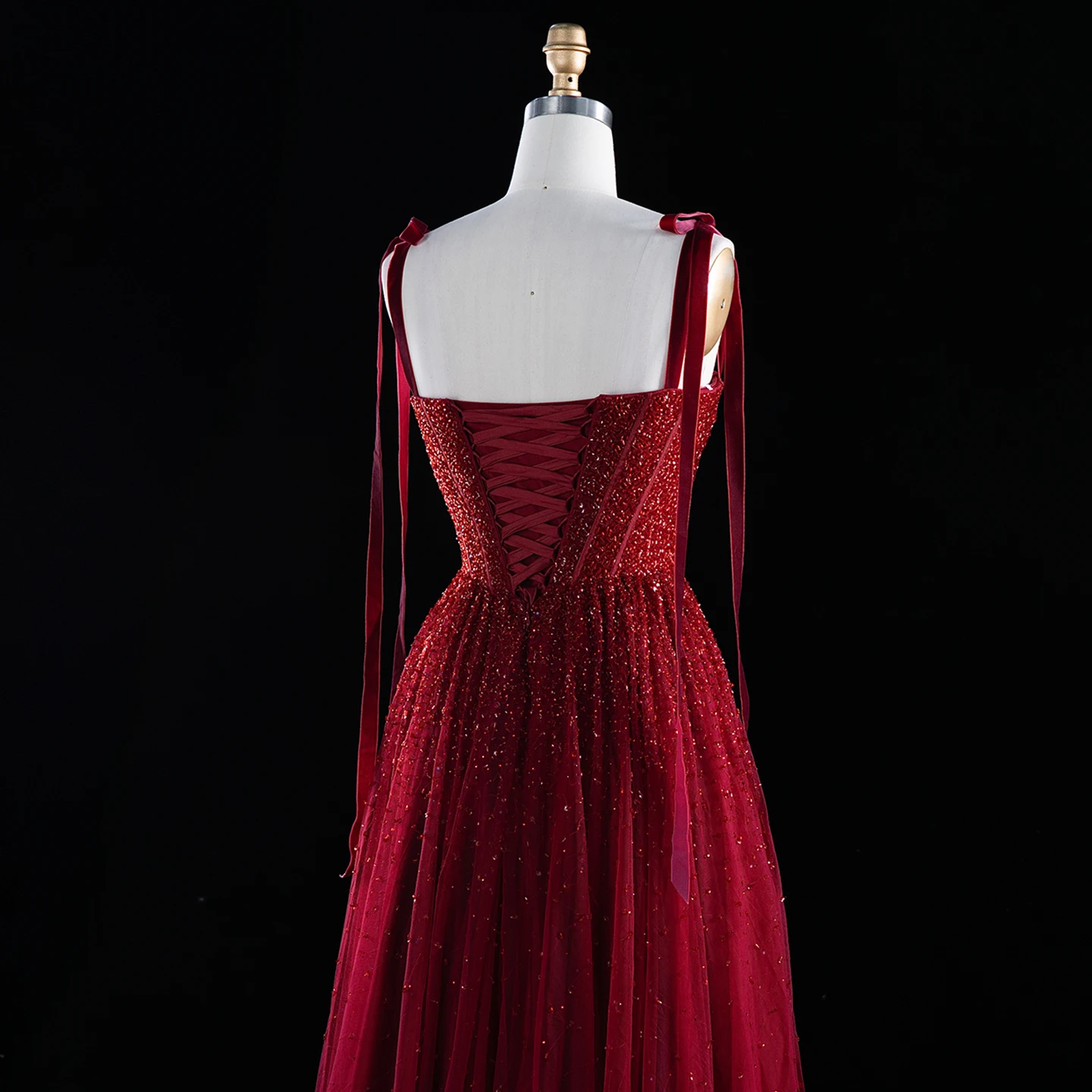 Sharon Said Burgunder Abendkleid mit Spaghettiträgern, Schleife, Perlenstickerei, fließendem Tüll, A-Linie, formelle Partykleider SS263, maßgeschneidert – Detail 8