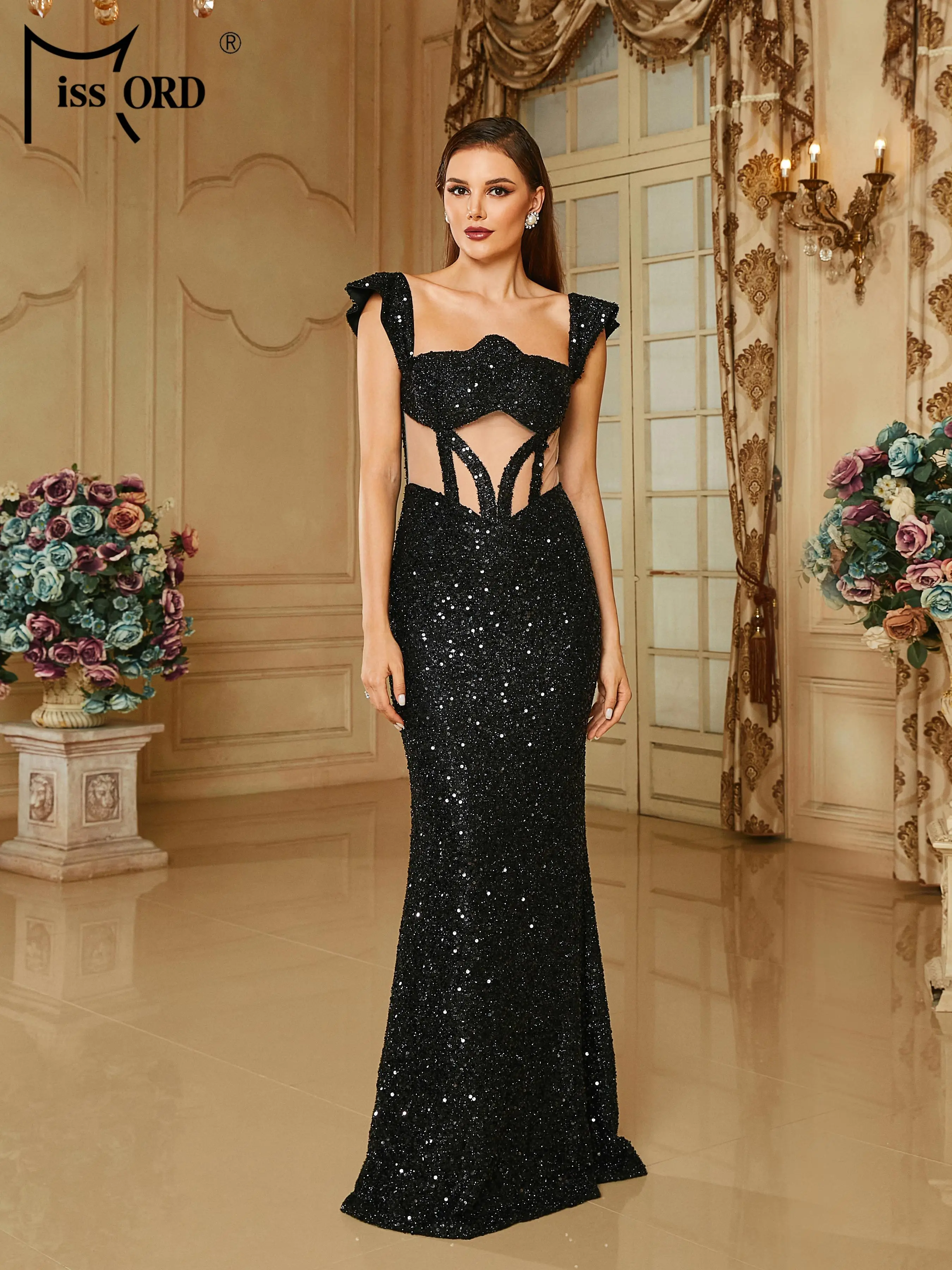 Missord-Vestido de lantejoulas preto recortado feminino, elegante, bonito, luxo, alta qualidade, festa noturna