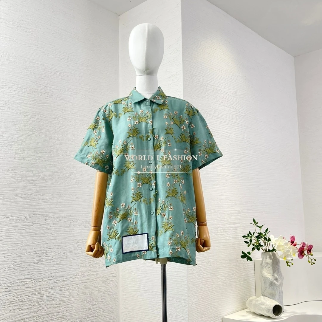 

Woman Clothes Green Floral Embroidery Short Sleeve Blouse Tops 2025 Linen