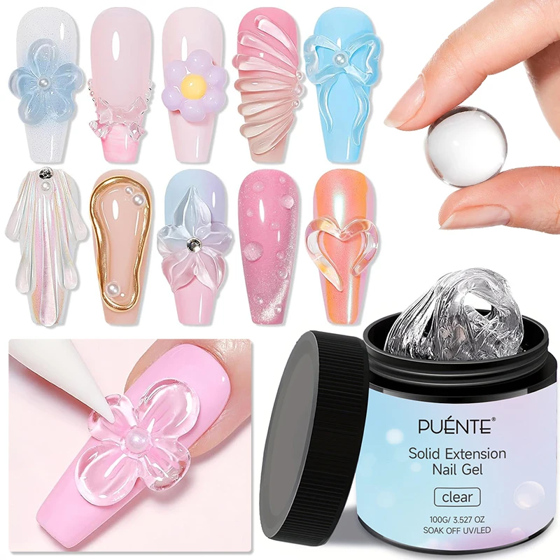 PUENTE 100g Clear Non-Stick Hand Extension Nail Gel With Sculpture Pen Set, Solid Builder Nail Gel For DIY Manicure 3D Flower Shaping & Modeling, Easy Application, Odorless, Soak-Off LED Gel For Nail Art, For Home Nail Salon Use