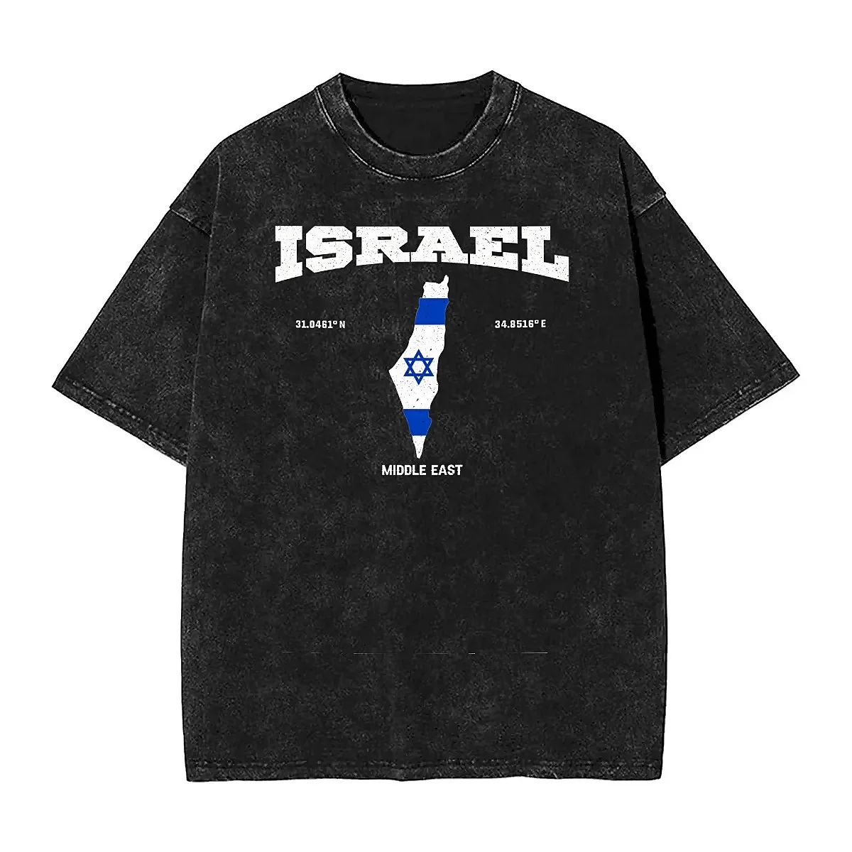 Israel Flag Map Washed T-Shirt Unisex Israel Coordinates Cotton T Shirts Beach Crew Neck Harajuku Tee Shirt Oversize Clothes