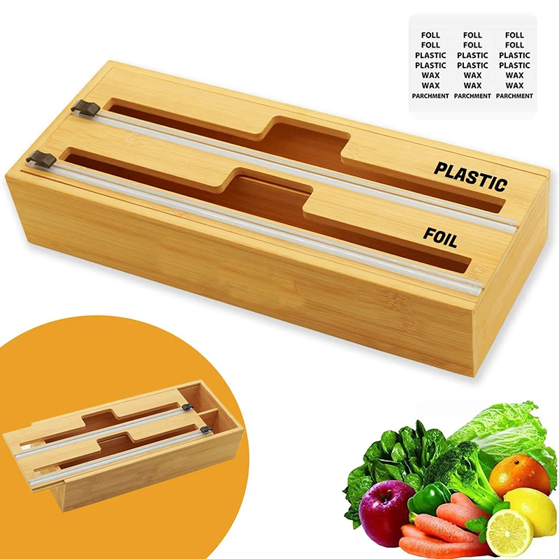 Bamboo Kitchen Drawer Organizer Aluminum Foil Plastic Wrap Dispenser With Slide Cutter Ziplock Bag Food Storage Organizer