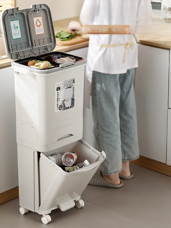 

Кухонная корзина, высокая модель, большой размер, мобильный двухслойный, встроенный, устойчивый к запахам, для влажного и сухого разделения, с крышкой