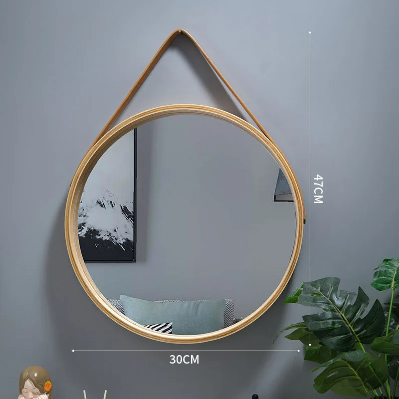 Perforation-free Vanity Mirror Wall-mounted Round Thickened Wooden Border Dressing Mirror Bathroom Mirror Makeup Mirror