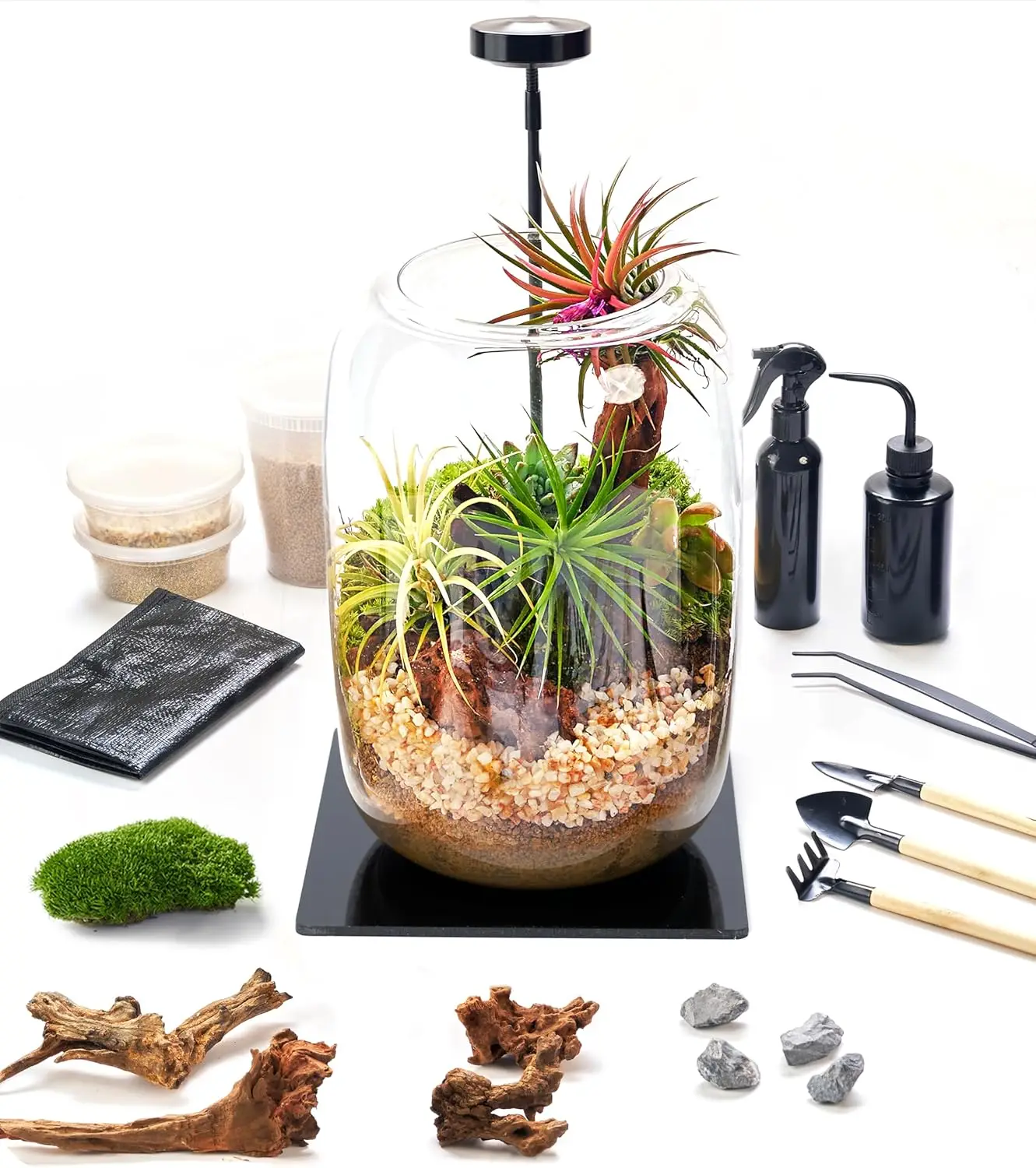 

DIY Glass Terrarium Kit with LED Grow Light – 24-Piece Set for Succulents & Air Plants, Mini Garden Gift