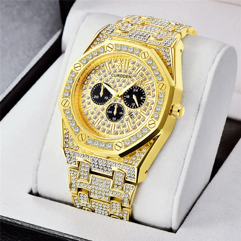 Reloj Hombre Men Genuine CURDDEN Brand Watches Hip Hop Diamond Fashion Alloy Band Golden Luxury Date Quartz Watch Montre Homme