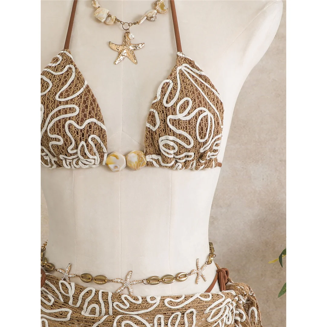 Mit Sarong-Halterneck-Bikini, bedruckter Bikini, Damen-Badebekleidung, dreiteiliges Bikini-Set, gepolsterter Badeanzug, Badebekleidung, Badeanzug, Modell V8073. – Detail 6