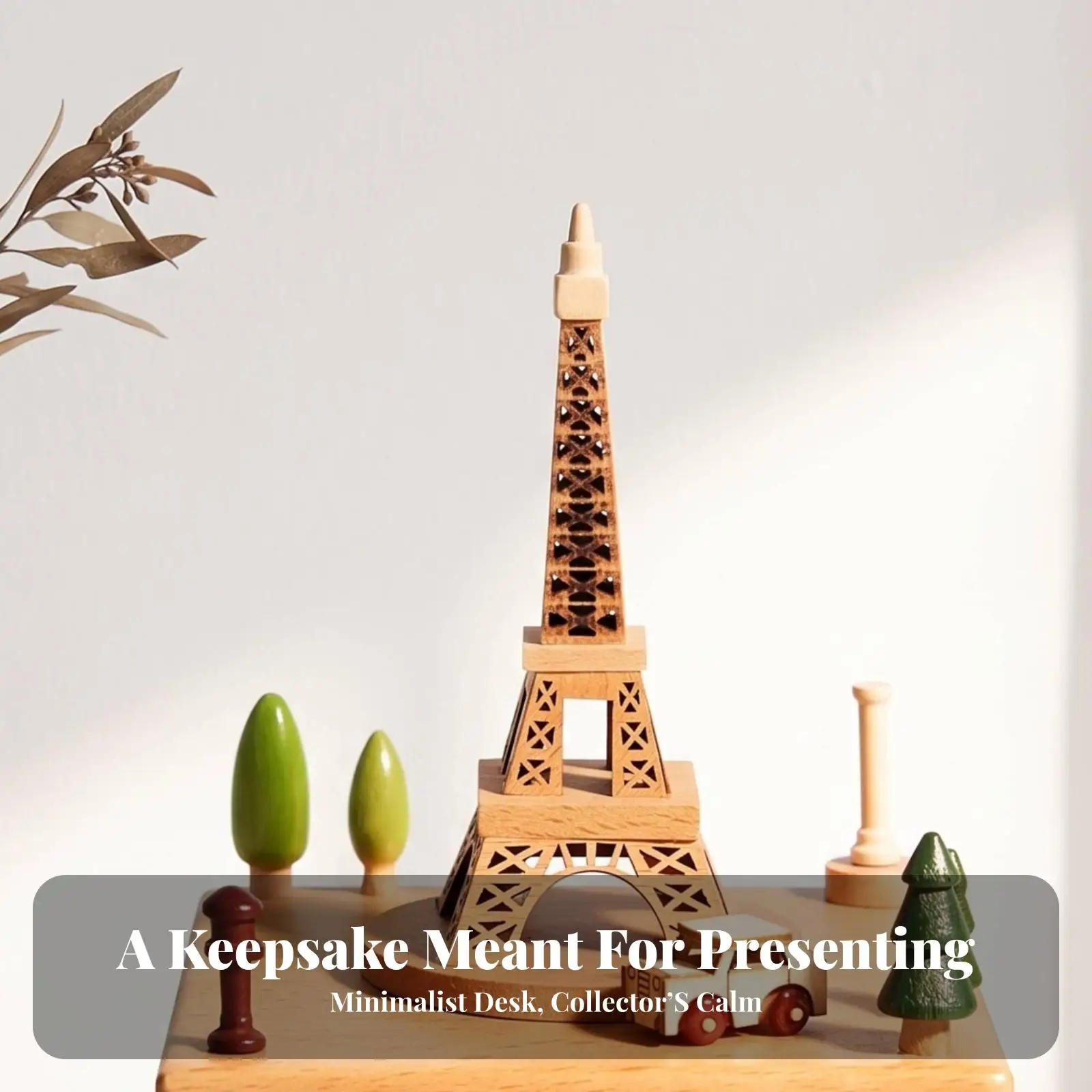 Eiffel Tower Kids Music Player Wood Craft with Painted Details and Round Side Knob for Room Art