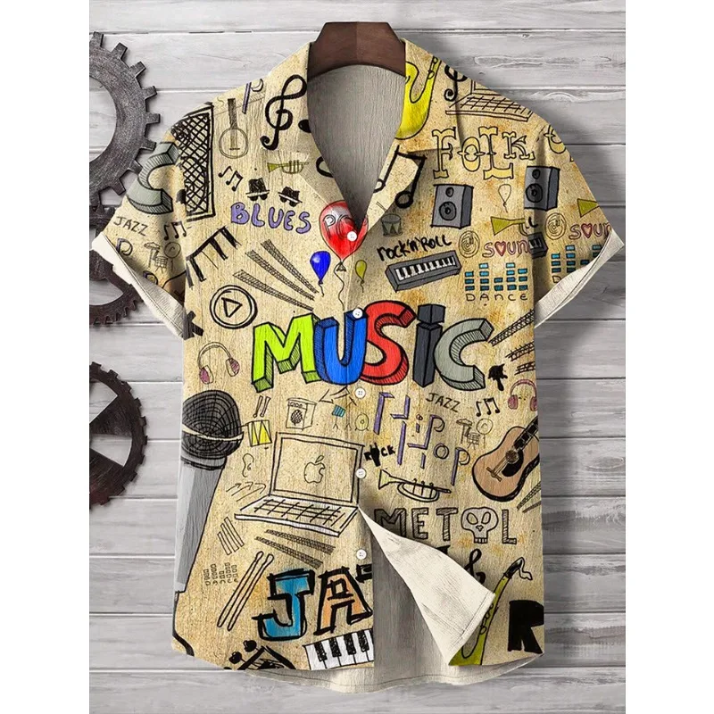 Camisa informal de arte antiguo con notas musicales para hombre, camisas Hipster de verano con botones, ropa informal estilo Hip Hop para vacaciones, camisa hawaiana de playa