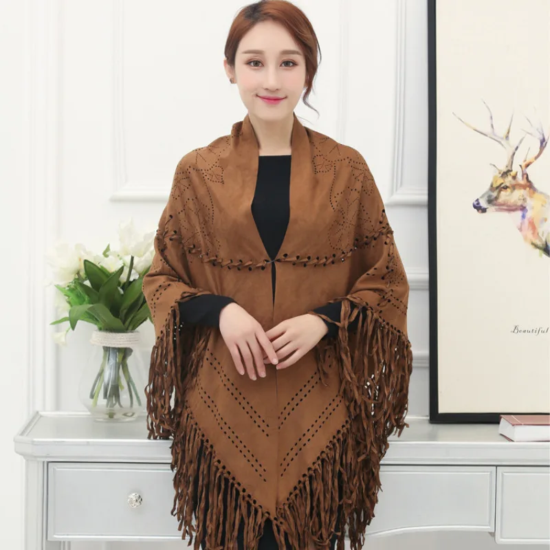 Fashion Womens Suede String Hollowed Out Solid Color Tassel Shawl