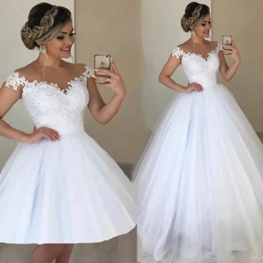 Vestidos de casamento femininos sem ombro, apliques de renda, saia destacável, vestidos de baile com renda, festa de noiva, 2 em 1