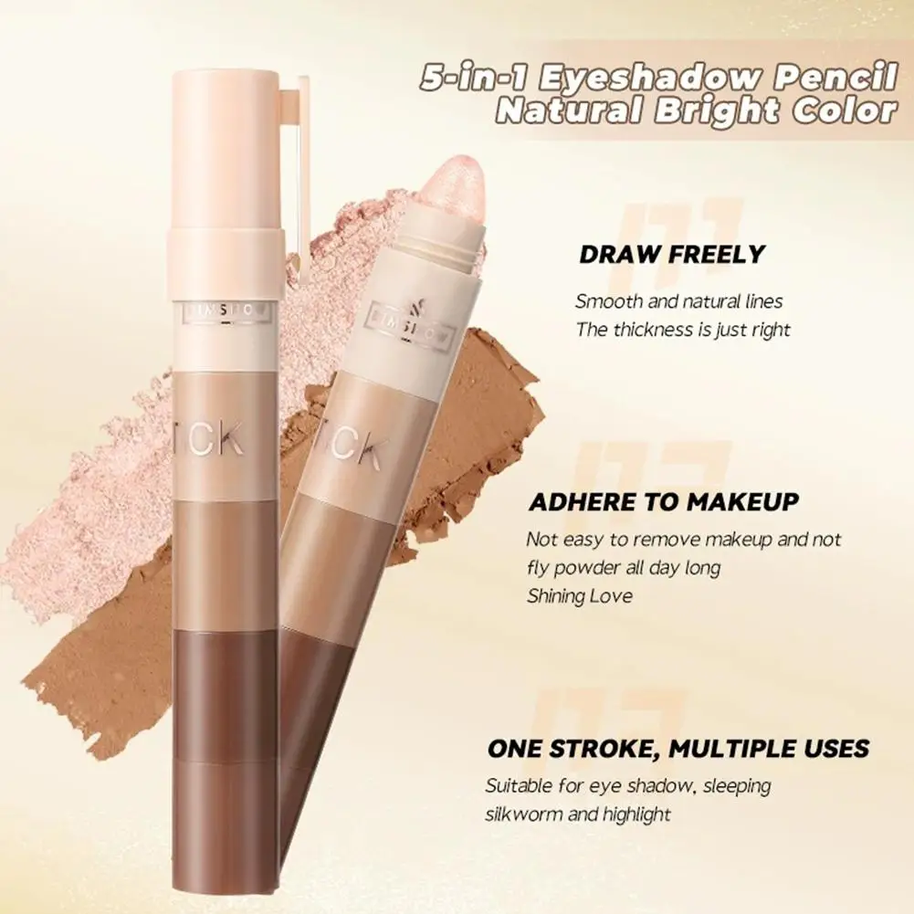 5-in-1 レイジー アイシャドウ スティック キット - 防水 長持ち パール調 アイライナー ハイライター ペンシル 女性用メイクアップ