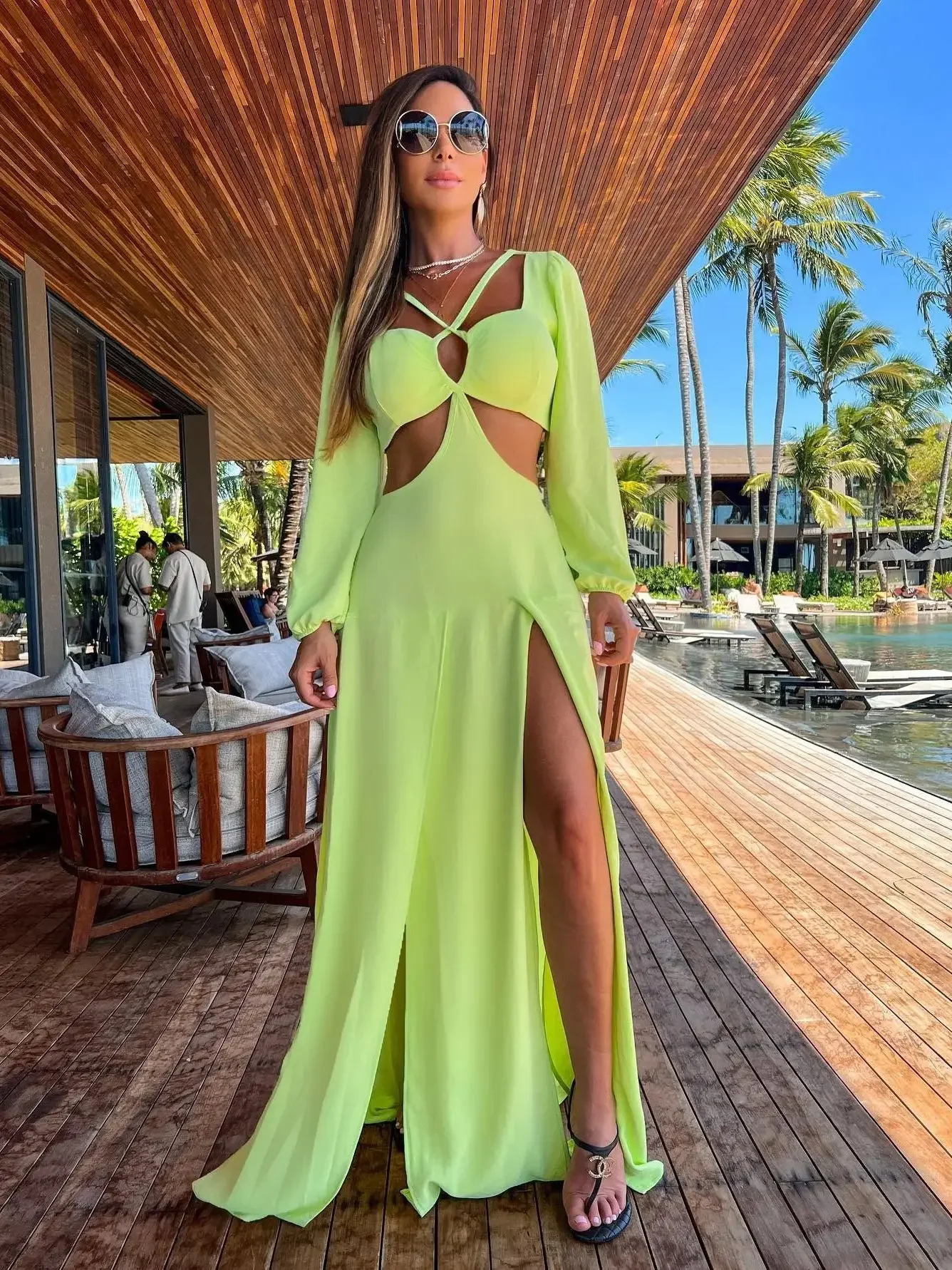 

New Women's Sexy Long Sleeve Dress V Neck Solid Long Dress Halter Cut Out Exposed Waist High Slit Suspender Vacation