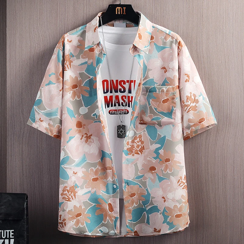 

Tide 2024 Men's Hawaiian Holiday Shirt Fashion Casual Streetwear Turn-down Button Short Sleeve Printed Shirt Summer Loose A171