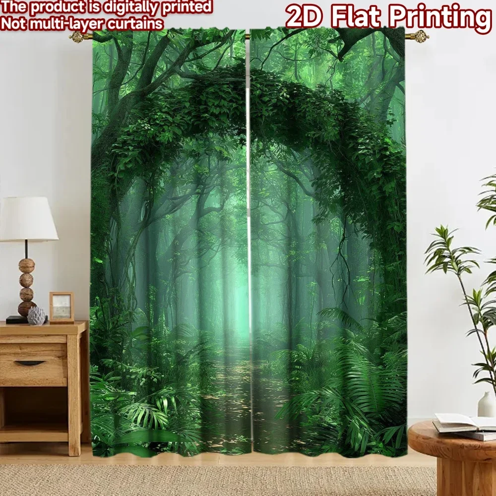 Tropical Jungle Forest Print Curtains 2pcs Green Nature Window Curtain Panels Living Room Decor Privacy Curtains Waterproof Shad