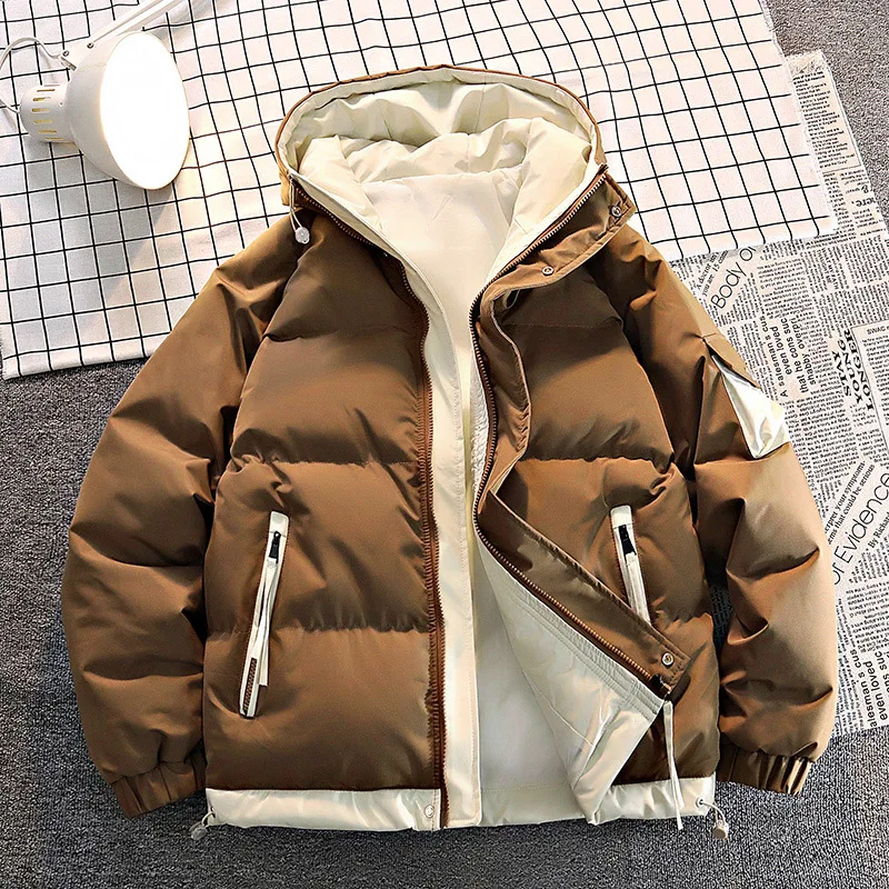 

Winter Padded Jackets Men Outdoor Windproof Thicken Hooded Jackets Fashion Streetwear Hooded Parkas Warm Color-block Coats Teens