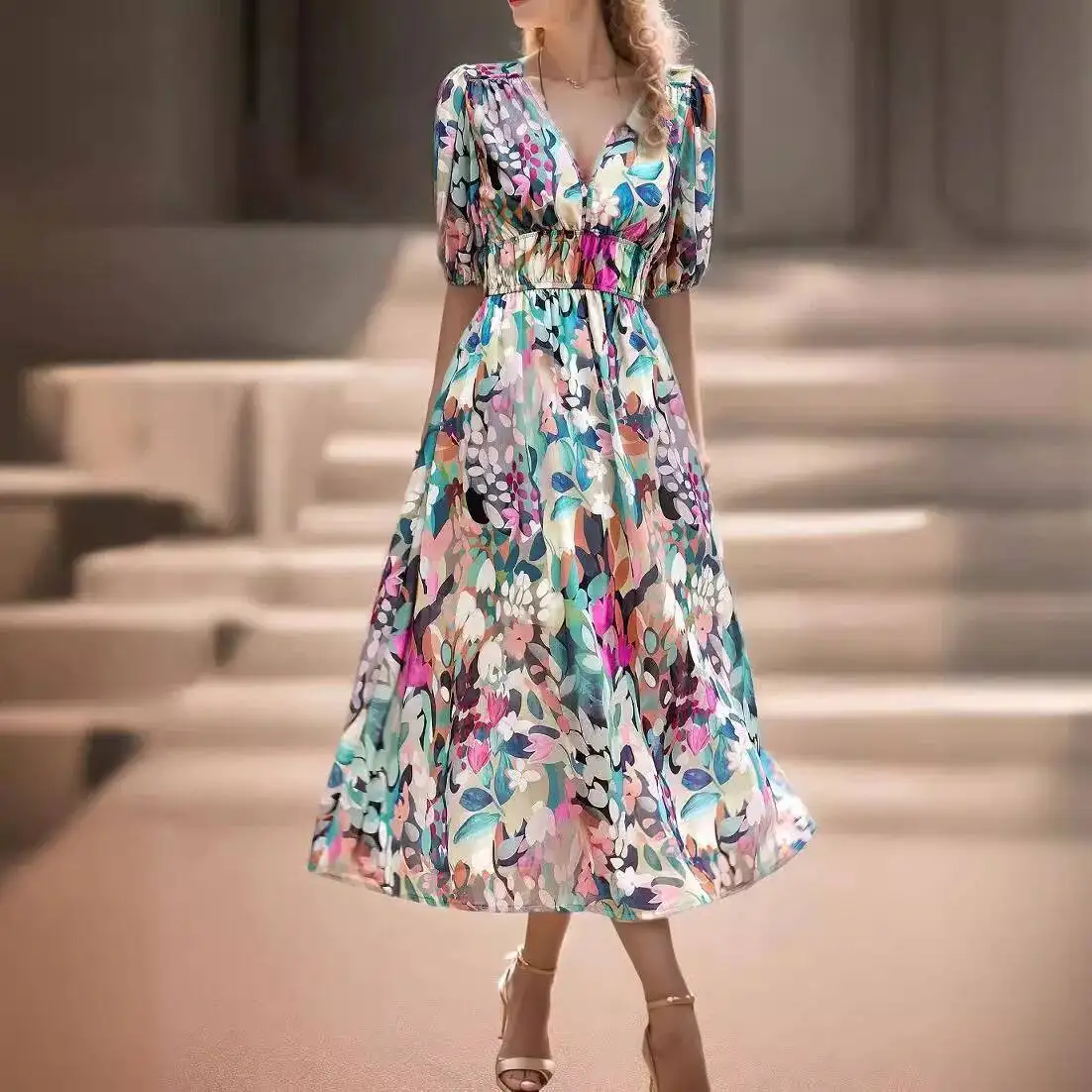 

V Neck Print Dress Women Spring Summer Waist Cinching Dresses Floral Maxi Bohemian Outfit Clothes