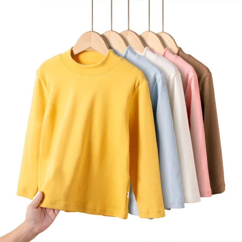 Kids T-shirts Autumn Winter Velvet Tees for Boys Long-sleeved Girls Bottom High Neck Teenager Tees Baby Undershirts Clothes