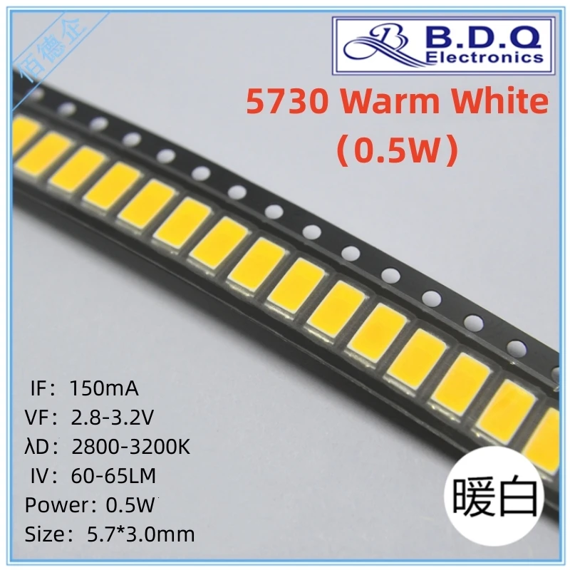 

100pcs 5730 SMD LED 0.5W Warm White 2800-3200K LED Lamp Beads Size 5630 Light-emitting Diode High Bright Quality