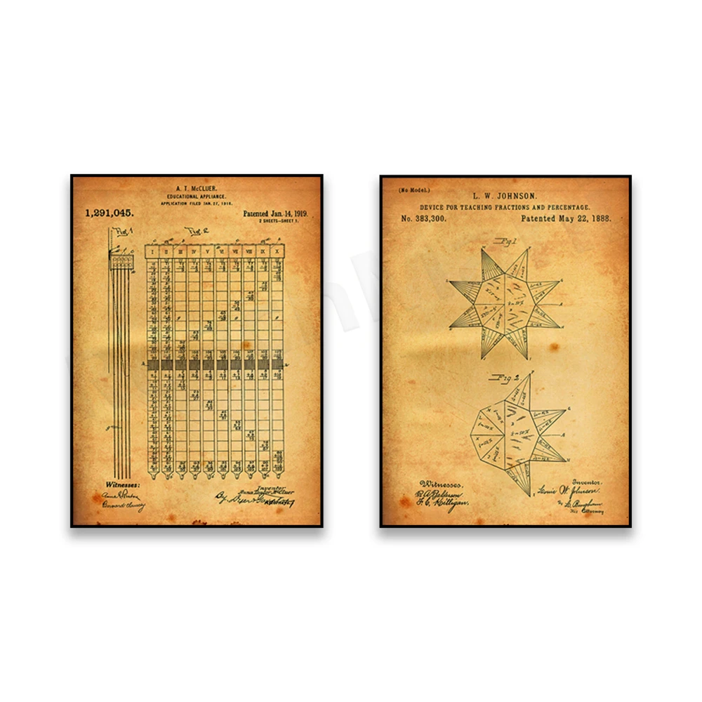 Educational Math Aid 1919 Patent, Teaching Equipment for Fractions and Percentages 1888 Patent Print, Wall Art Decor Math Poster