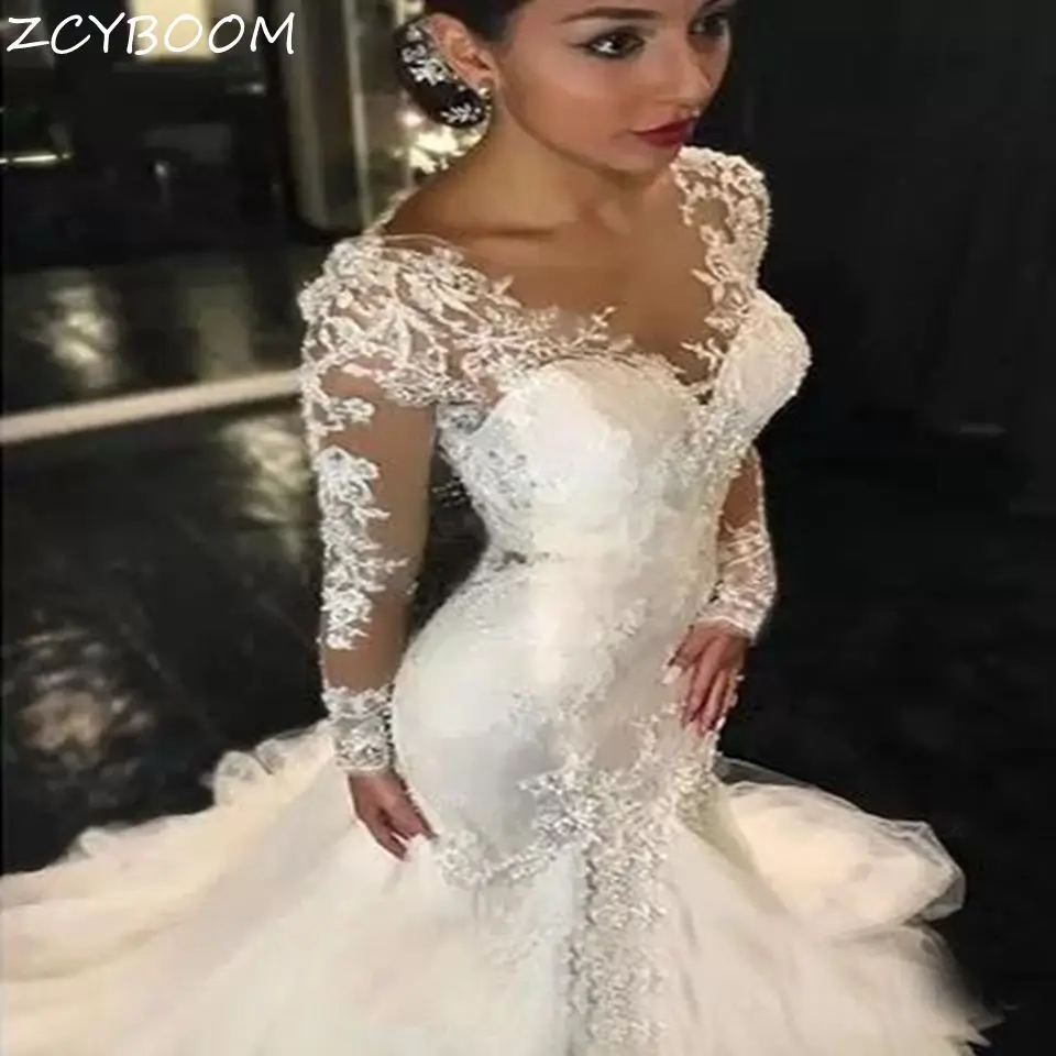 

New Luxury Lace Appliques Mermaid Wedding Dresses Illusion Long Sleeves 2024 Buttons Court Train Tulle Bridal Gowns For Women