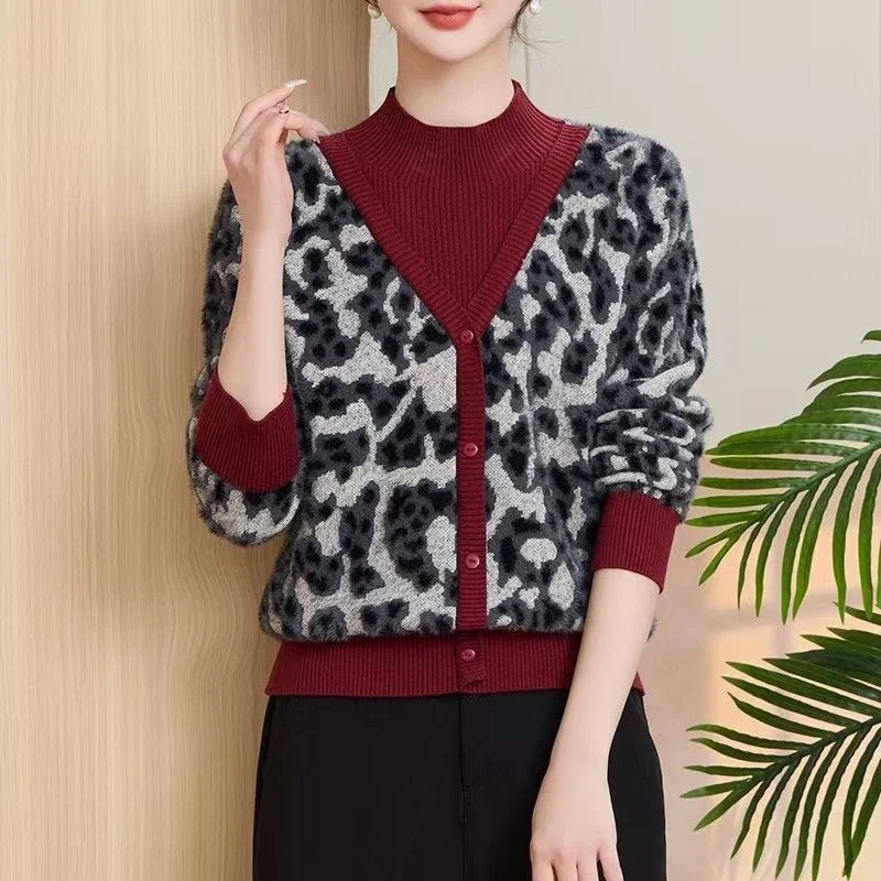

Leopard Print Knit Blouse With High Neck And Single Button Closure For Women Elegant Office Wear Spring Autumn Style