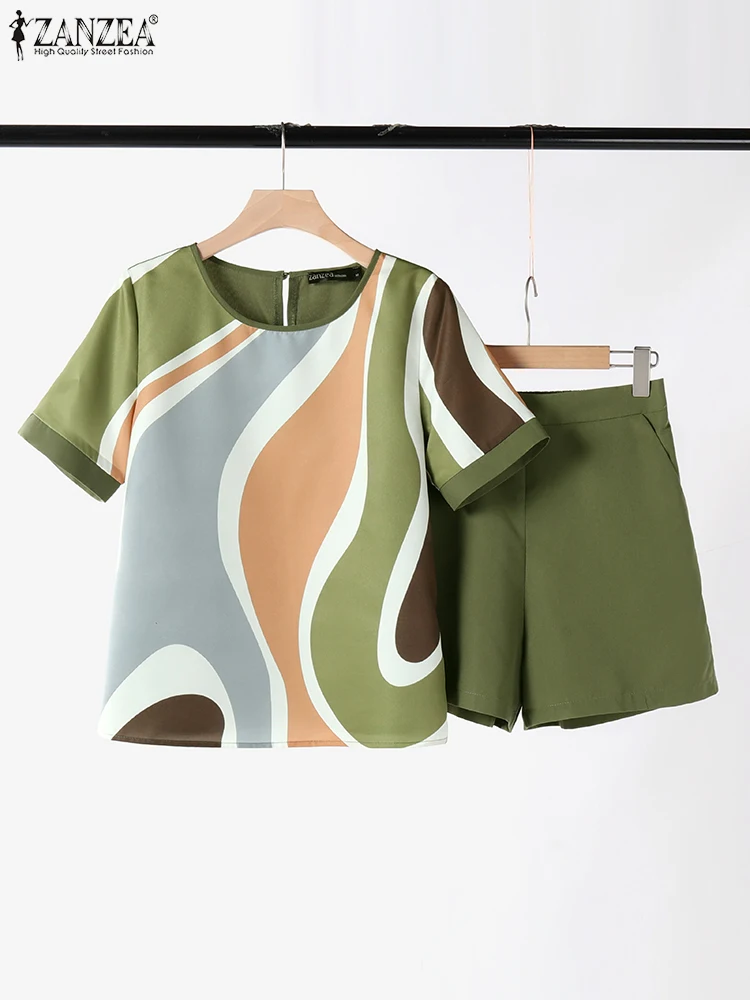 ZANZEA Casual Printing Tops Suits  Women 2024 Summer Outfits Elegant Holiday 2pcs Sets Korean Fashion Loose Pockets Short Sets