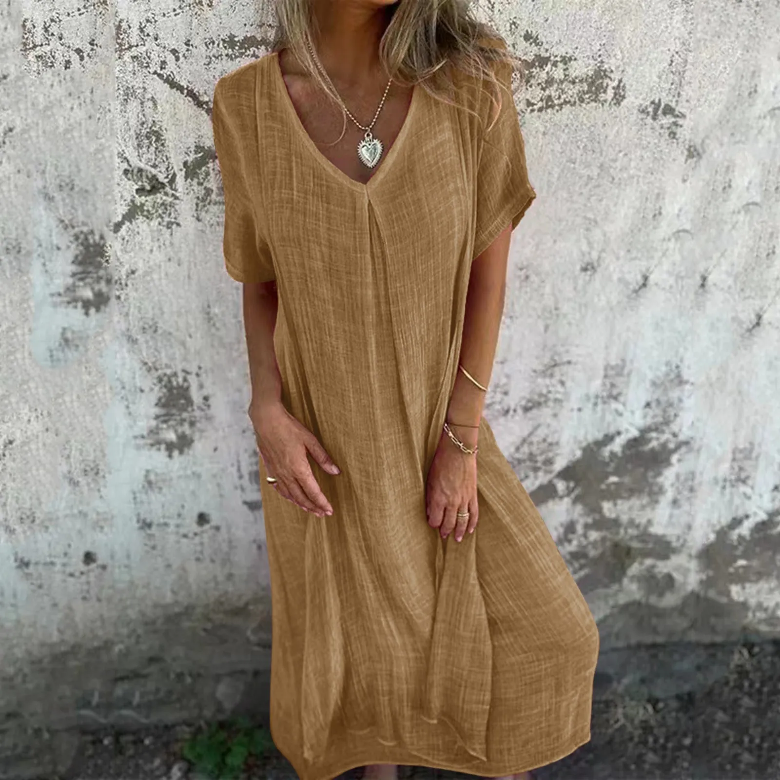 Cotton Linen Short Sleeve Loose Dress 2024 Summer Women\'s V-neck High Waist Long Dress Vintage Solid Color Straight Beach Dress