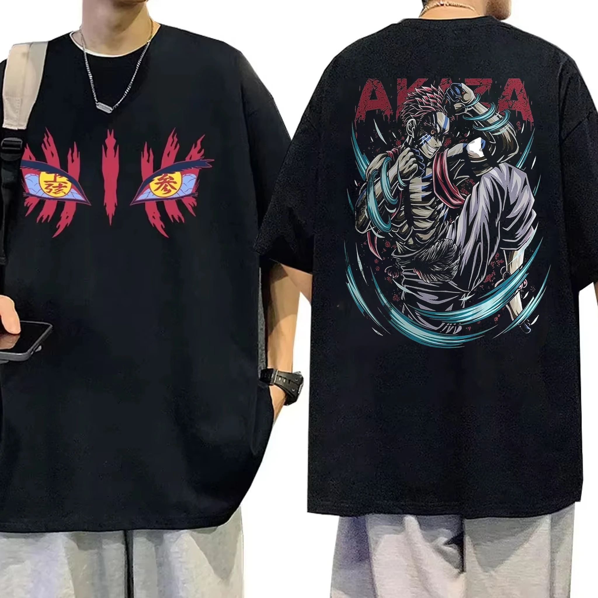 

Аниме Demon Slayer Akaza Eyes Графическая футболка Мужская женская одежда Повседневные винтажные футболки Мужские футболки высокого качества из чистого хлопка