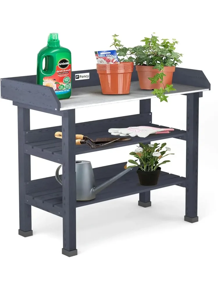 

Potting Bench Tables Outdoor, Potting table Garden Work Station Metal Tabletop Solid Wood Planting Bench with 2 Tier Storage Op
