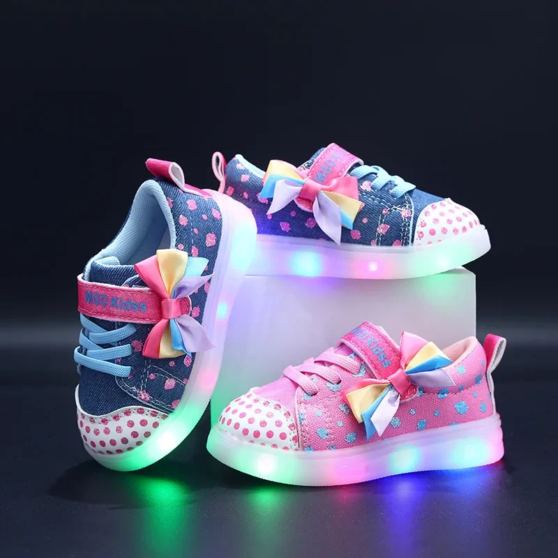 

Tennis Girl Sneakers LED Light-up Kid Shoes Fashion Children's Canvas Shoes Bowknot Sneakers Soft-soled Girls Shoes Girls Sports
