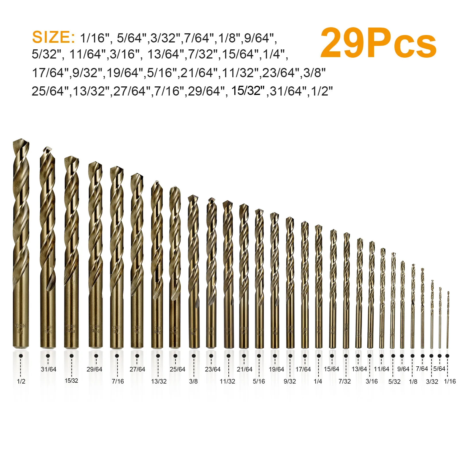 29Pcs 1/16-1/2 inch M35 HSS-Co Cobalt Drill Bits Set for Hardened Metal, Cast Iron, Steel, Plastic and Wood with Storage Case