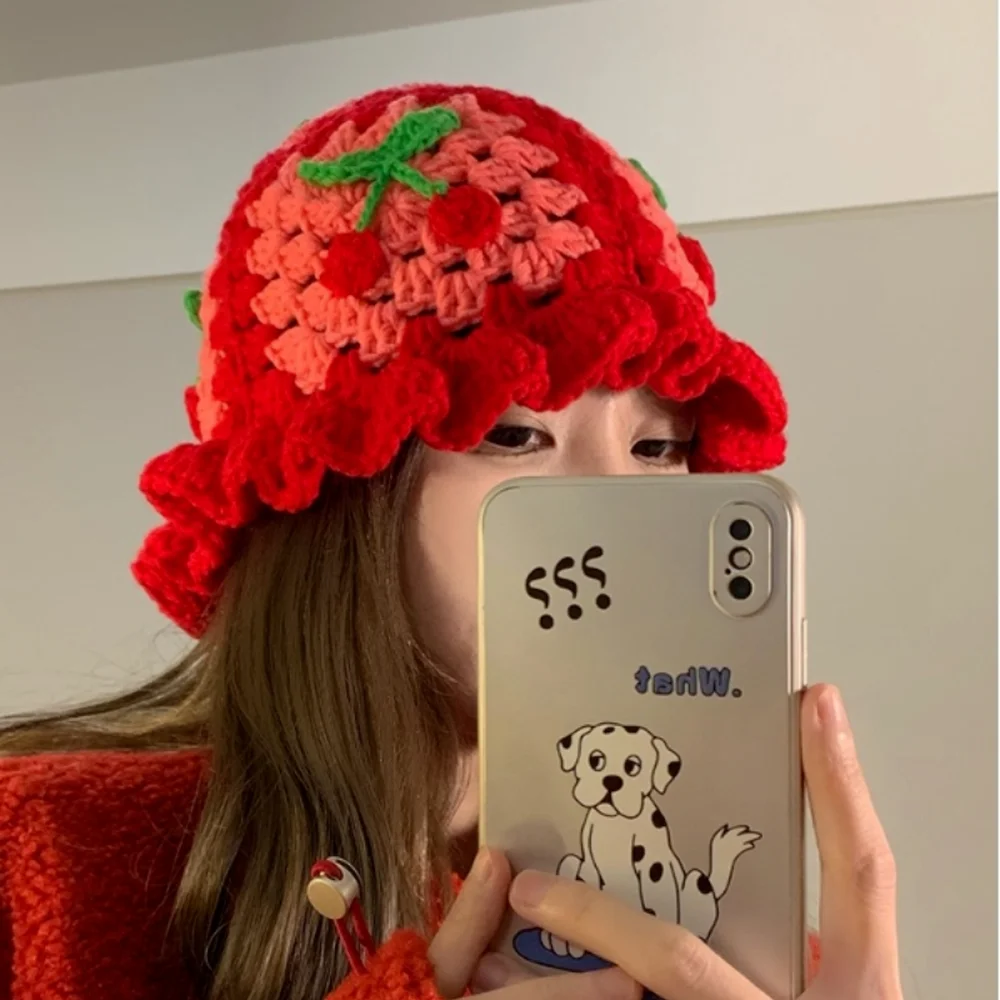 INS Hollow Cherry Knitted Fisherman Hats For Women Handmade Red Matching Basin Hat Spring Summer Sun Hat