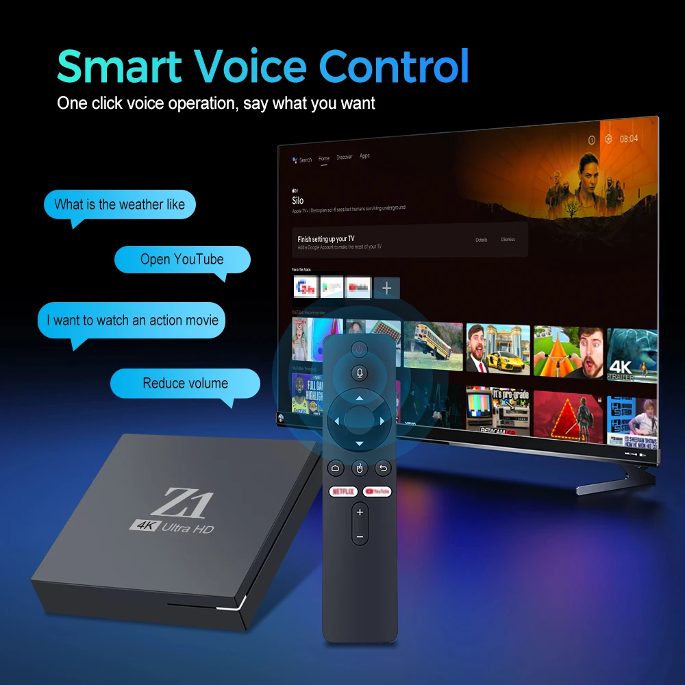 Z1 Smart TV Box H313 Android 10.0 ATV TV Box 4K@60fps 100M/LAN Wifi6 BT5.0 Google Voice Assistant Media Player Set Top Box