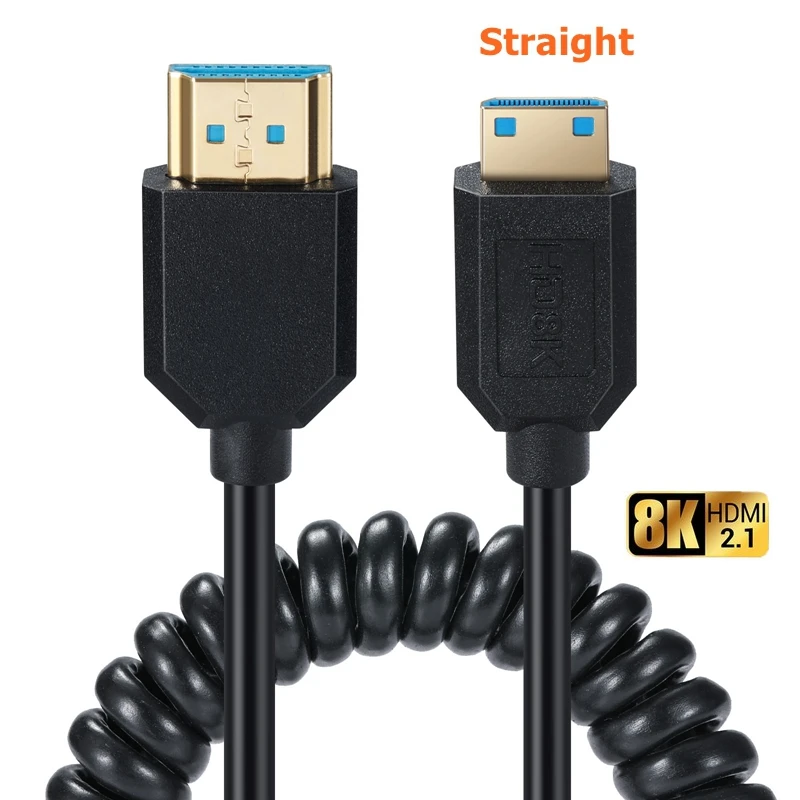 Cable de resorte compatible con Mini HDMI a HDMI, 8K, 2,1, compatible con 4K, 8K, 48Gbps, HDR, HDCP, para cámara, tableta, NUC, proyector, TV, portátil