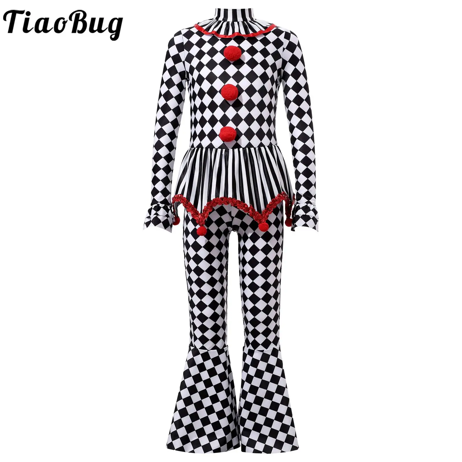 

Kid Girls Halloween Circus Clown Costume Long Sleeve Pom Poms Checkerboard Print Jumpsuit for Carnival Party Cosplay Performance