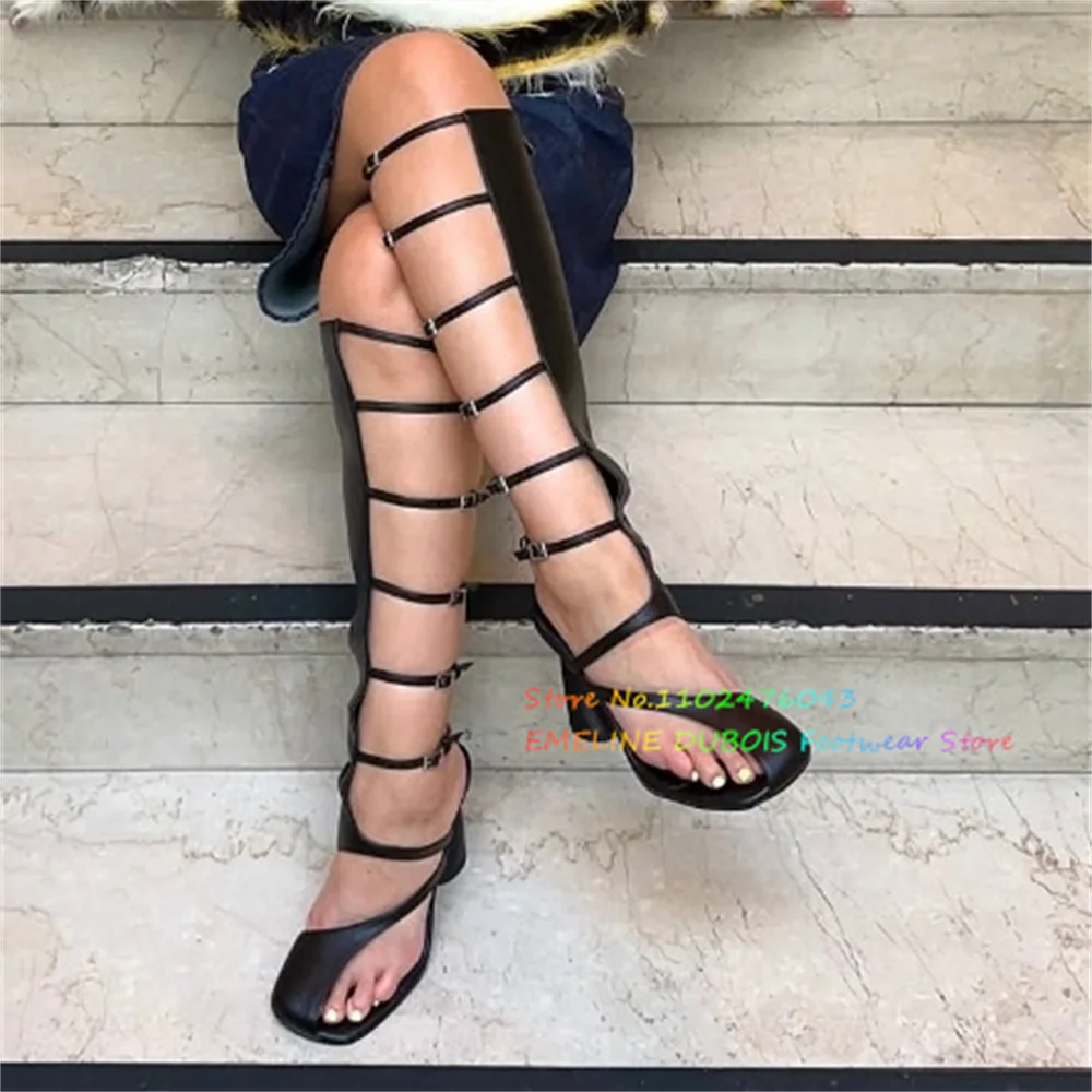 

Black Leather Multi Belt Buckles Knee High Boot Women Round Toe Strange Heel Split Toe Side Zipper Summer Chic Sexy Sandals