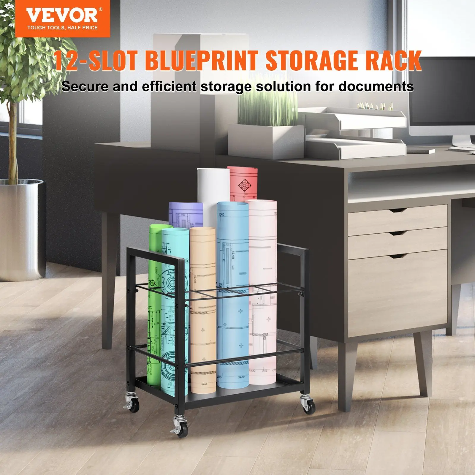 12-Slot Mobile Blueprint Rack 3.5x3.5 inch Strong 4mm Wire Frame Document Storage with Locking Casters