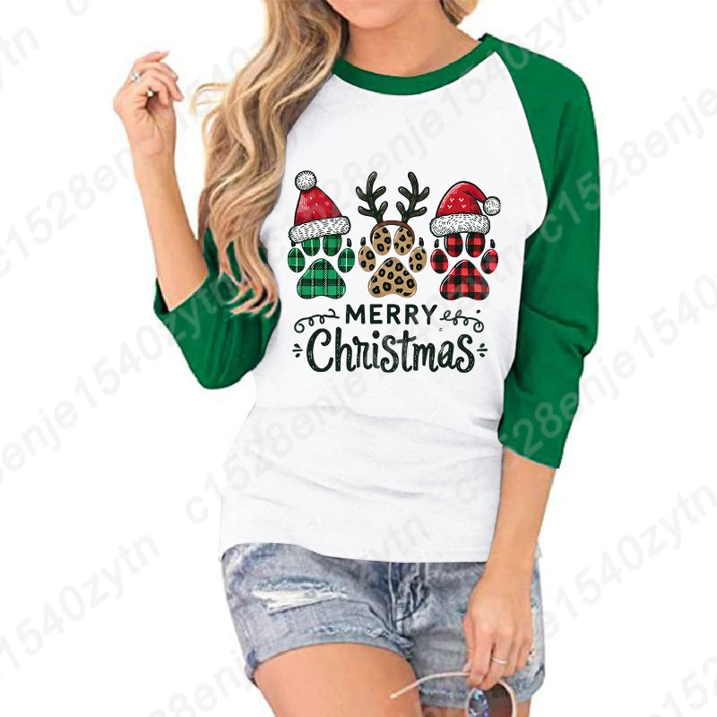 

Cute Dog Paw Merry Christmas Graphic Shirts Summer Seven Sleeves T Shirts For Women Round Neck Ladies Three Quarter Sleeve Shirt