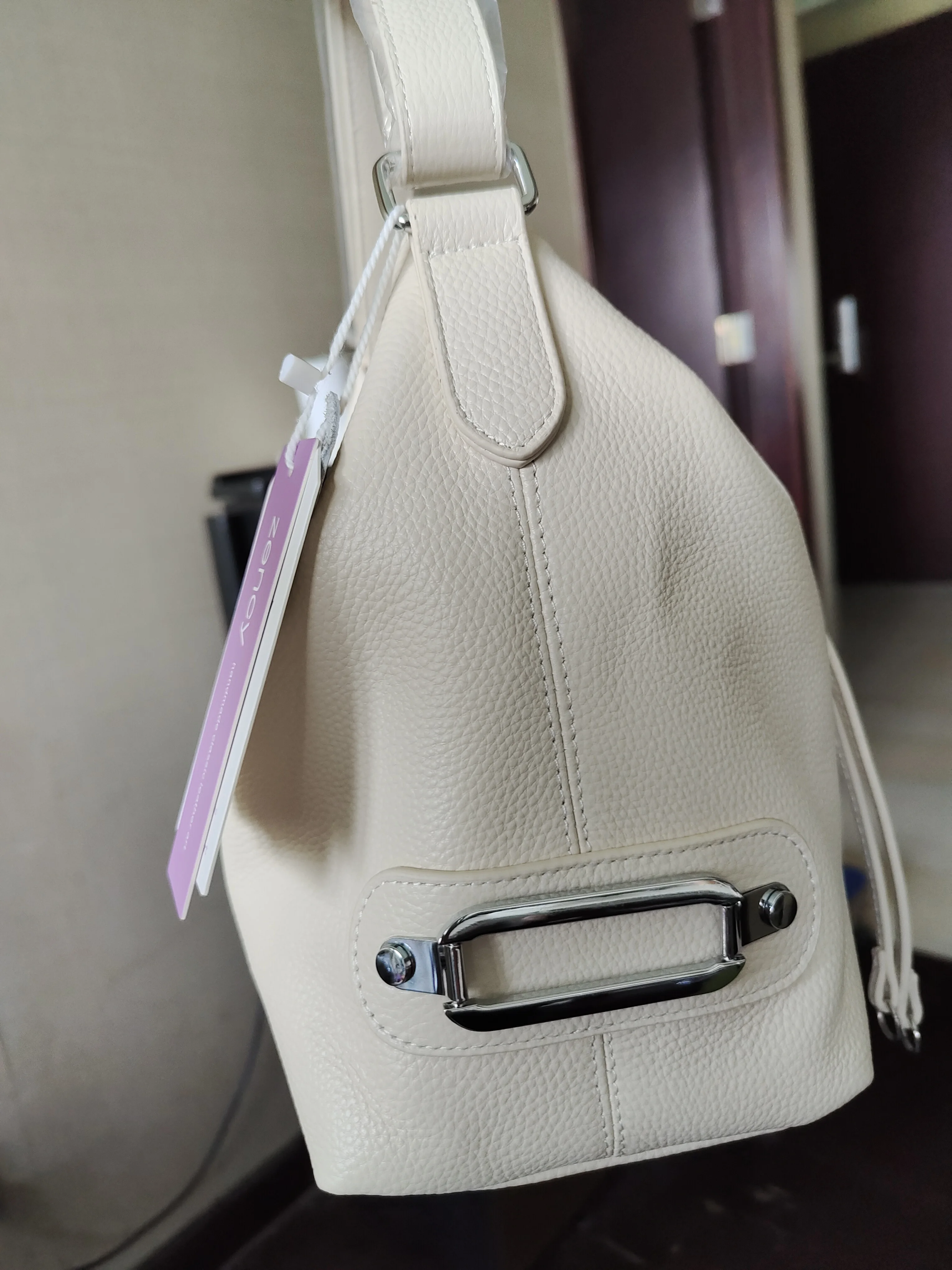 Zency Fashion Beige Bag Genuine Leather Women Shoulder Bag Elegant Bag Large Capacity