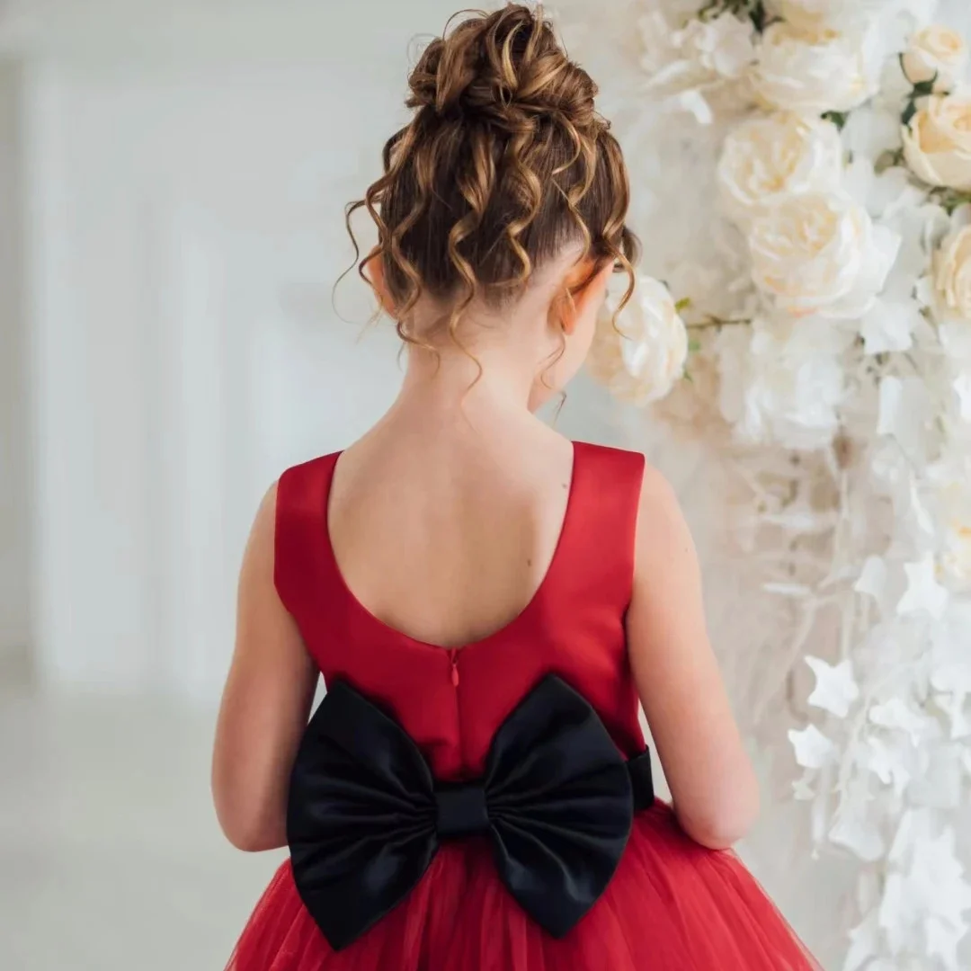Customized Tulle With Black Bow Sleeveless Wedding Birthday Dark Red Flower Girl Dress Pageant Communion Banquet Gown