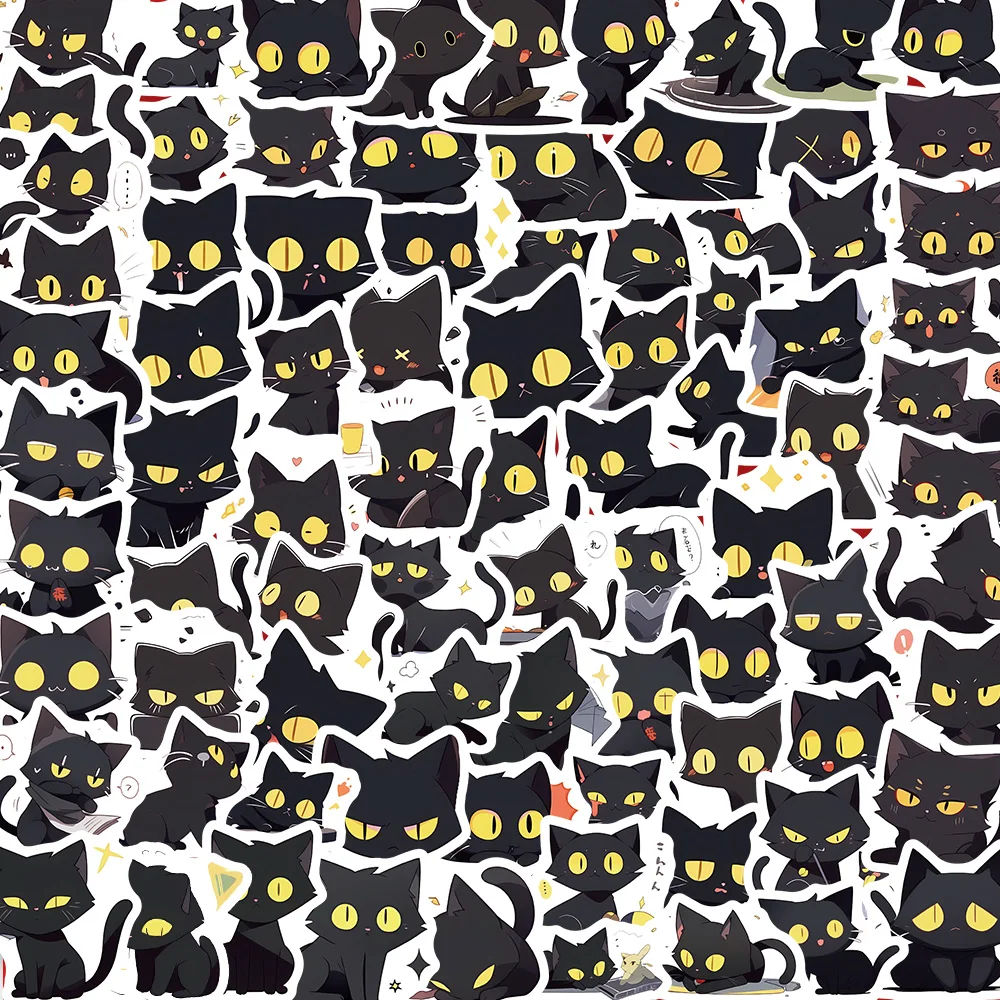 10/100PCS Cartoon Black Cat Stickers Scrapbook Phone Guitar Laptop Luggage Cool Waterproof Sticker Children Classic Toy