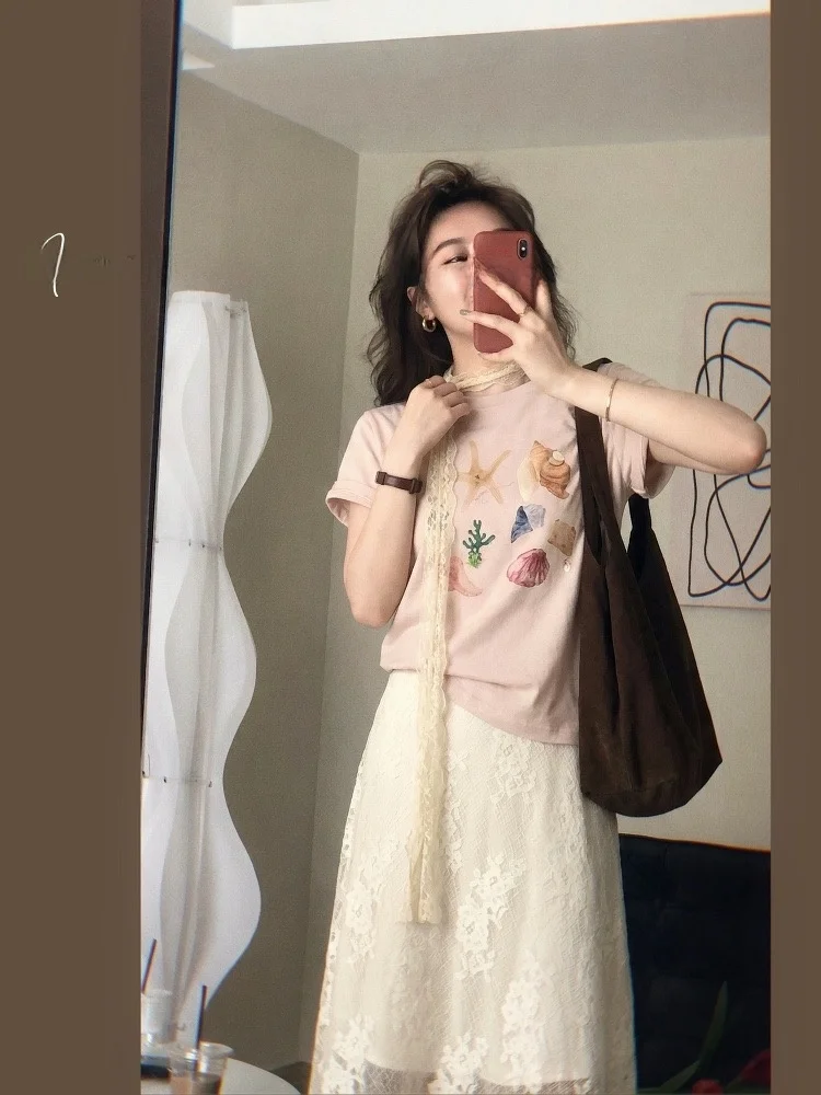 

Loose Short Sleeve Women's T-shirt Summer Vacation Style Printed Casual round Neck Other Material 100% Fashion Korean