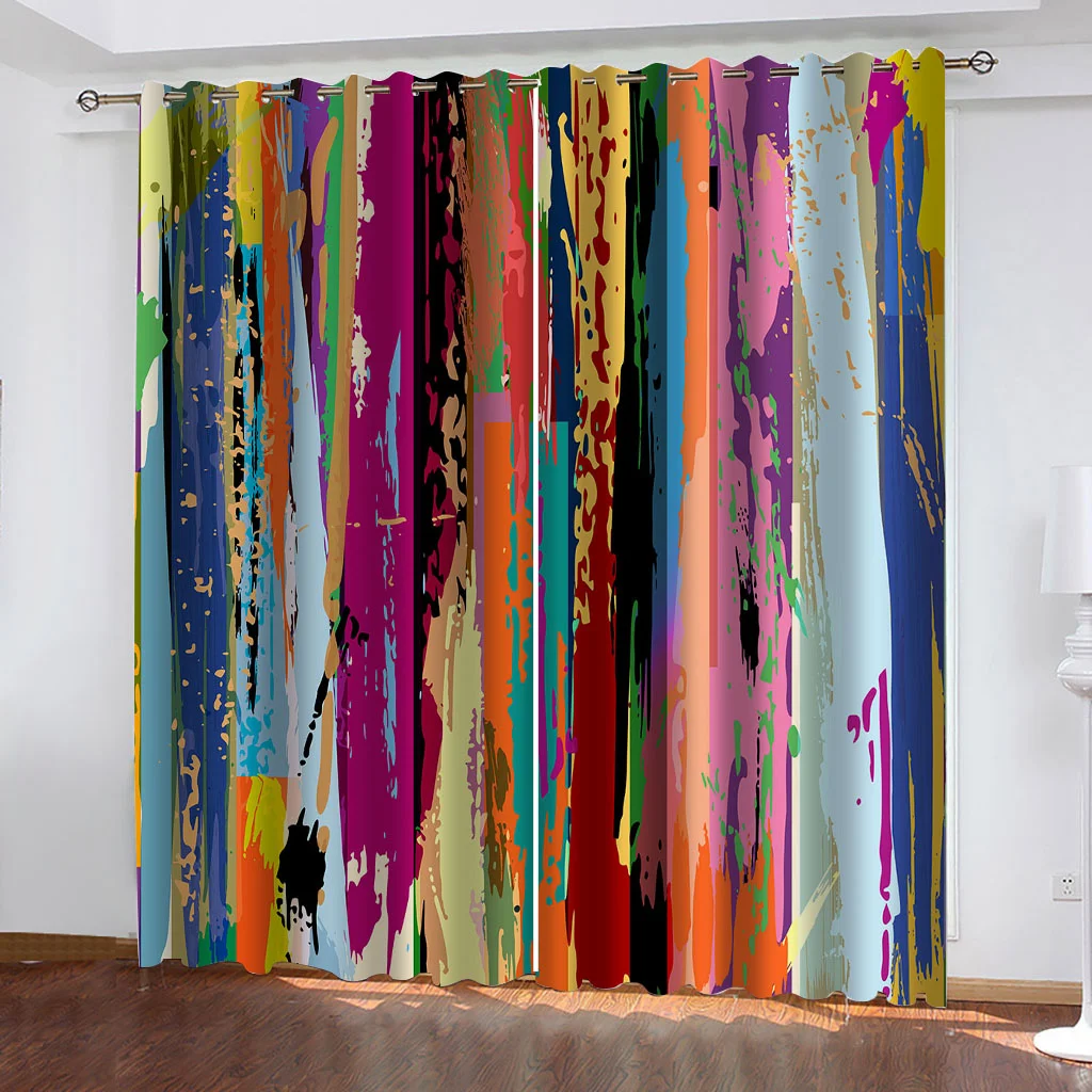 3D Modern Colorful Abstract Graffiti Art Design Cheap 2 Pieces Shading Drapes Window Curtains for Living Room Bedroom Decor Hook