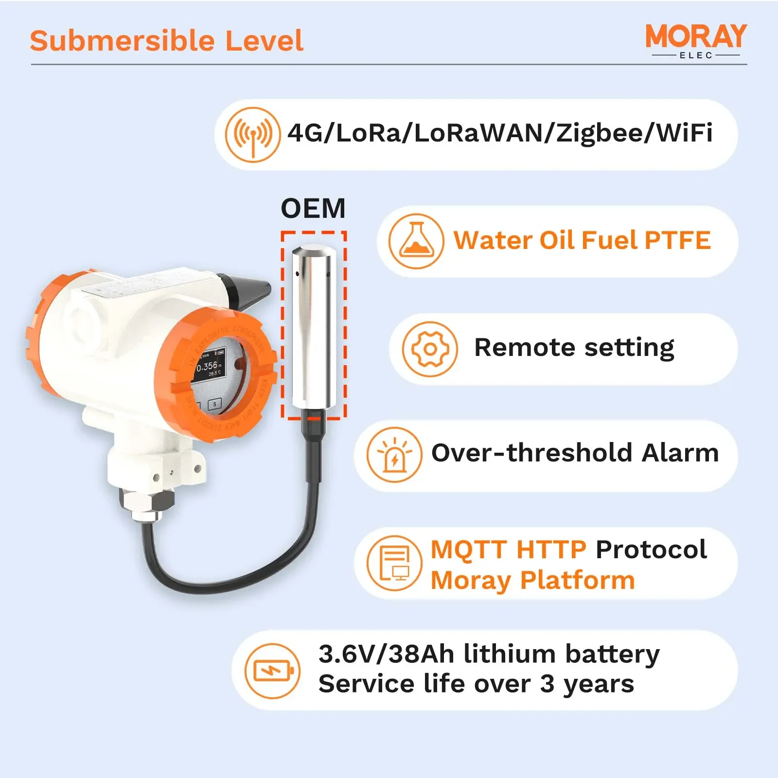 Moray ME6001W Hot Sale LCD Display diesel tank Level Monitoring System Iot Oil Pressure Gauge Wireless Water Level Sensor