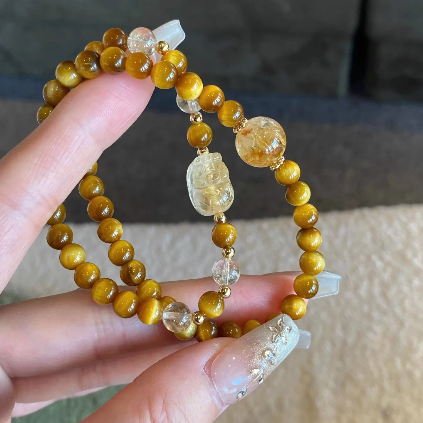 Handmade Chinese Style Handstring Bracelet Natural Citrine Golden Tiger Eye Pixiu Double Strand Luck Wealth Blessing Auspicious