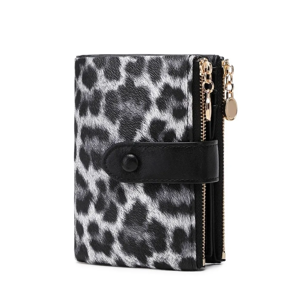 Leopard Print PU Leather Short Wallet Polyester Lining Double Zipper Coin Purse Large Capacity Multi Card Slots Card Holder